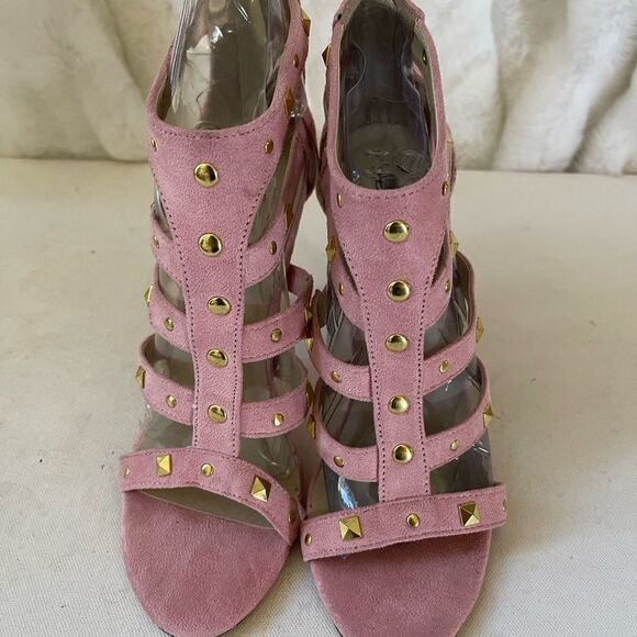 Michael Antonio light pink faux suede gladiator heels with gold tone studs SZ8 - Picture 13 of 13